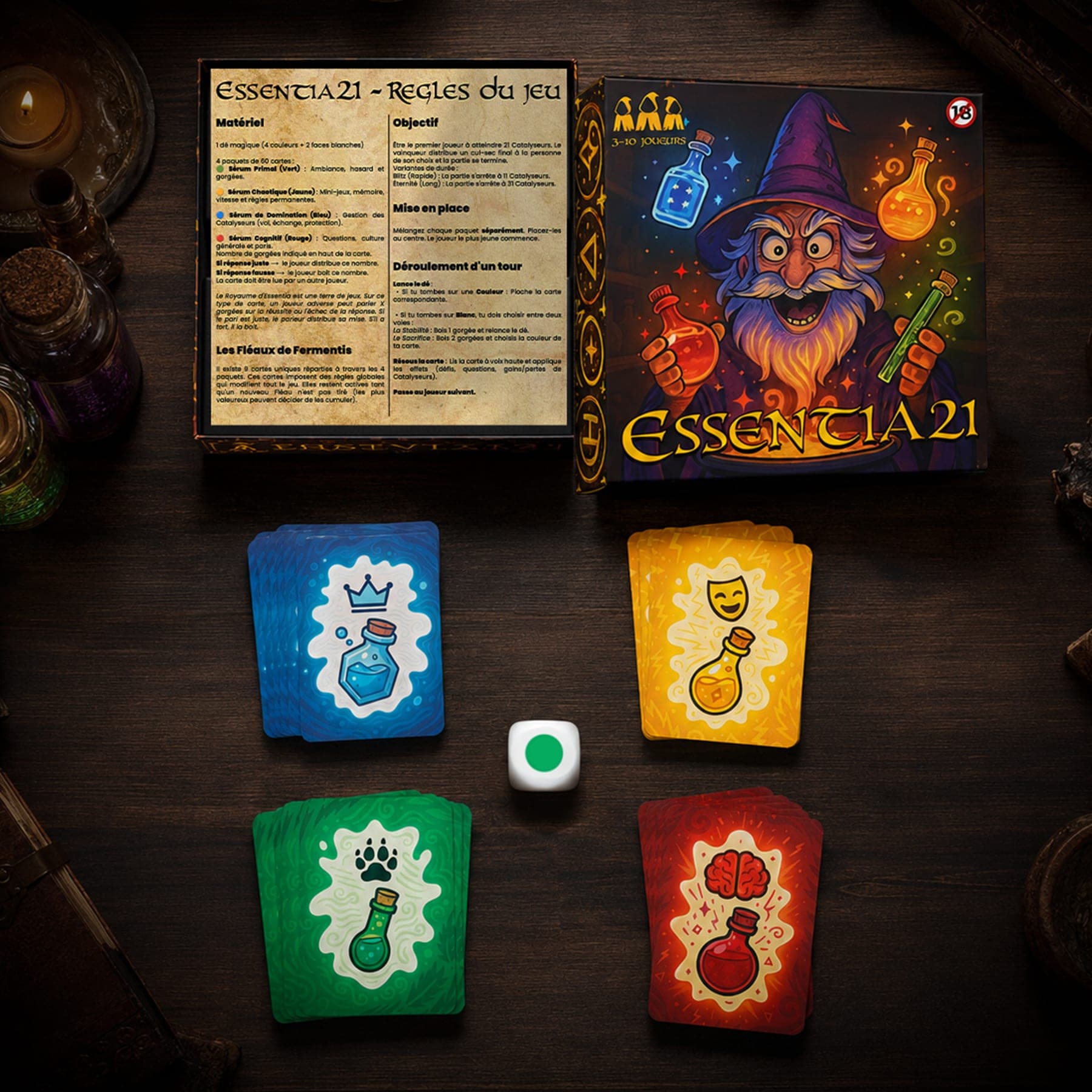 Contenu complet de la boîte : livret de règles, 4 paquets de cartes et dé