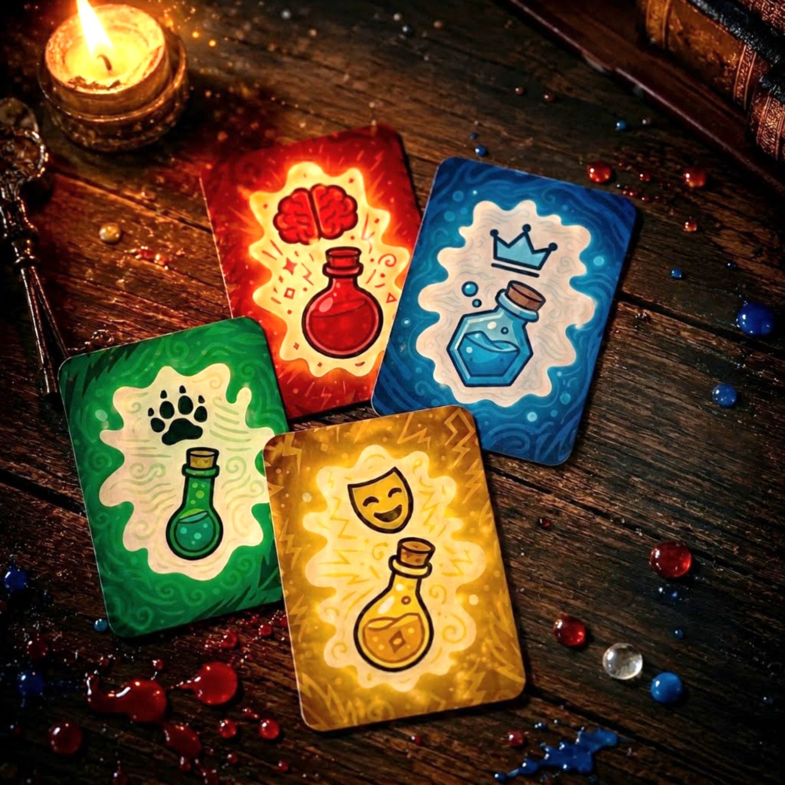 Gros plan sur les 4 paquets de cartes colorés (bleu, jaune, vert, rouge)